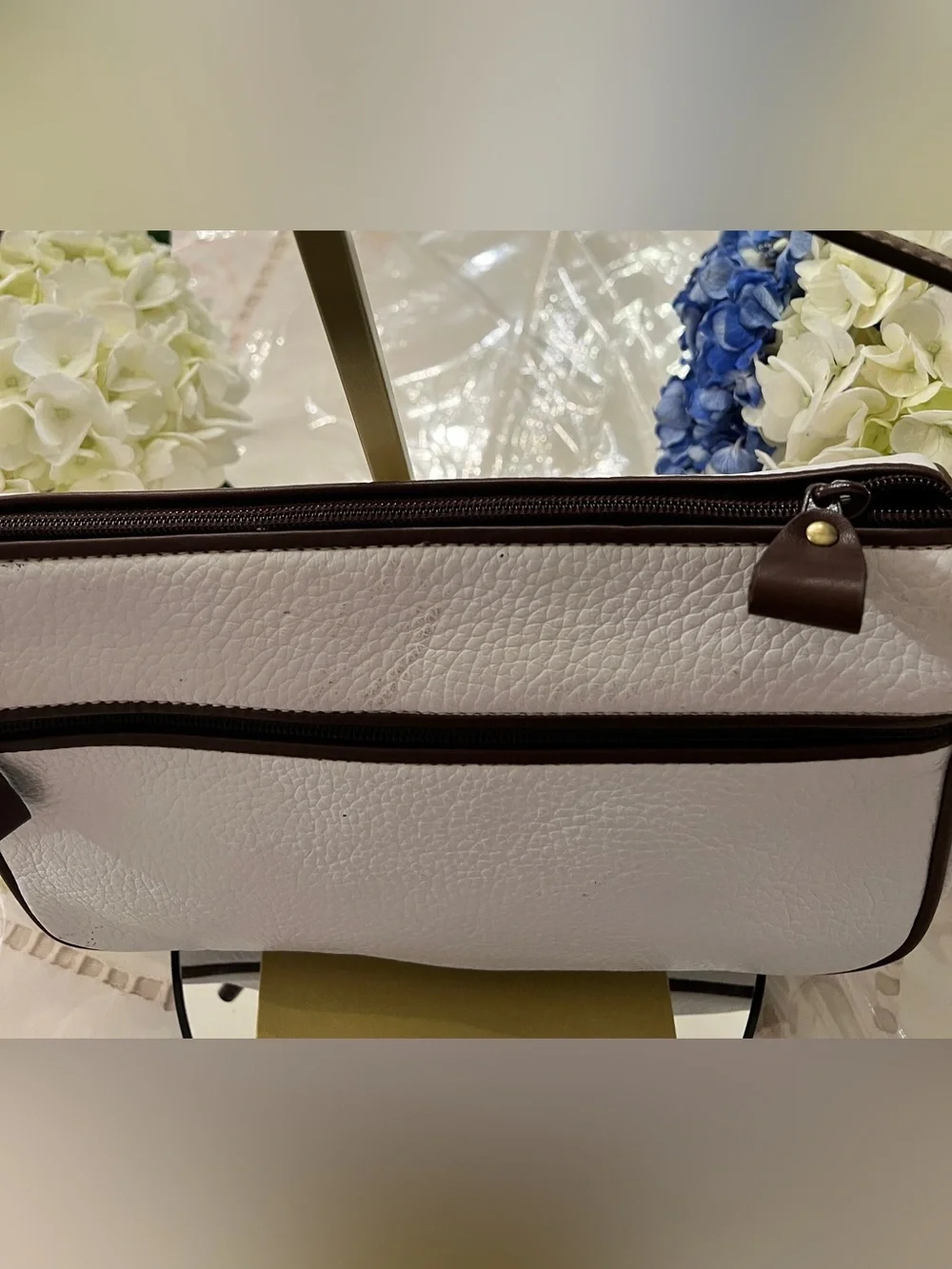 Medallion White Pebbled Leather Brown Trim Shoulder Bag